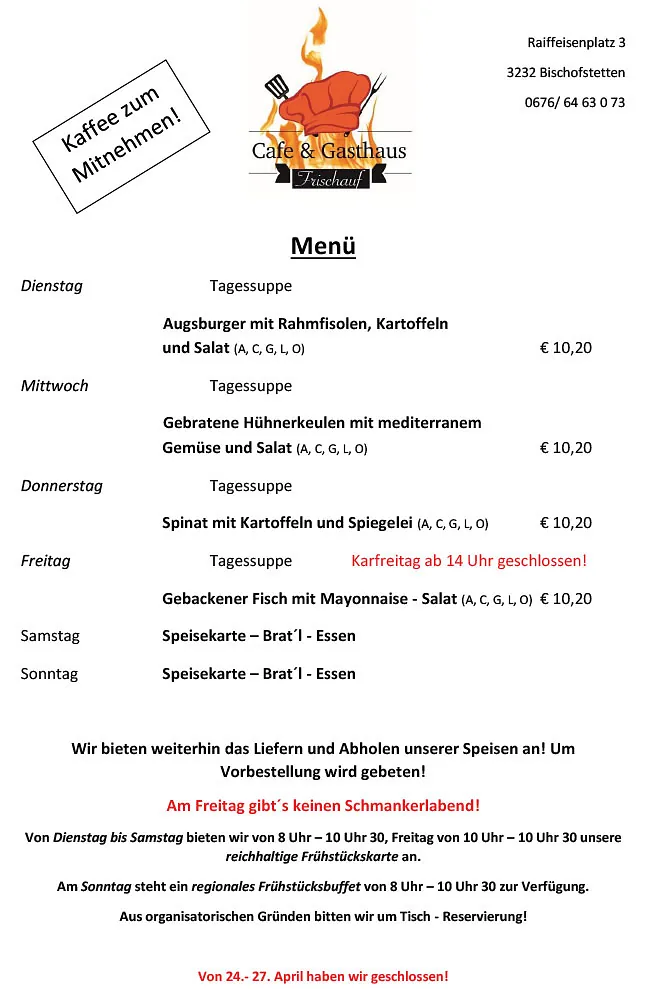Wochenmenü, Gasthof Zur Krumpe, Bischofstetten