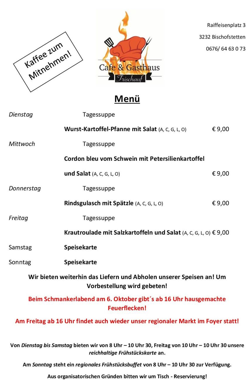 Wochenmenü, Gasthof Zur Krumpe, Bischofstetten