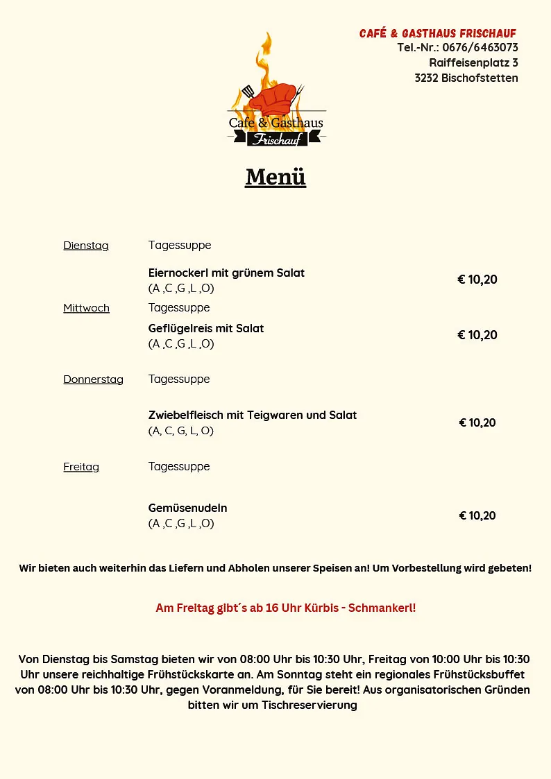 Wochenmenü, Gasthof Zur Krumpe, Bischofstetten